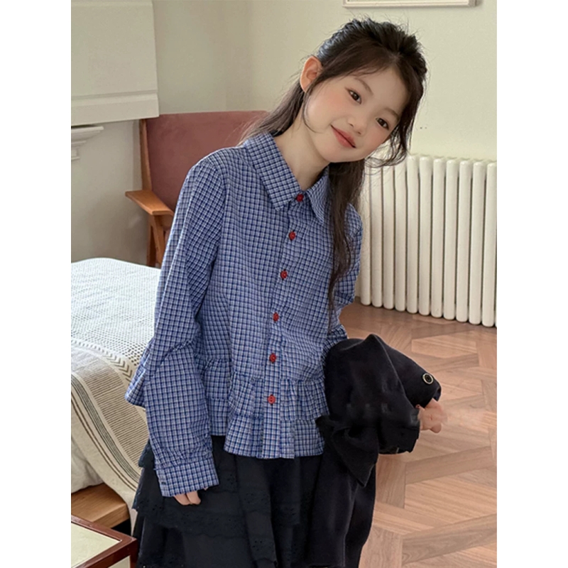 女童格子衬衫25秋季新儿童甜美森系荷叶边长袖衬衣小个子短款上衣