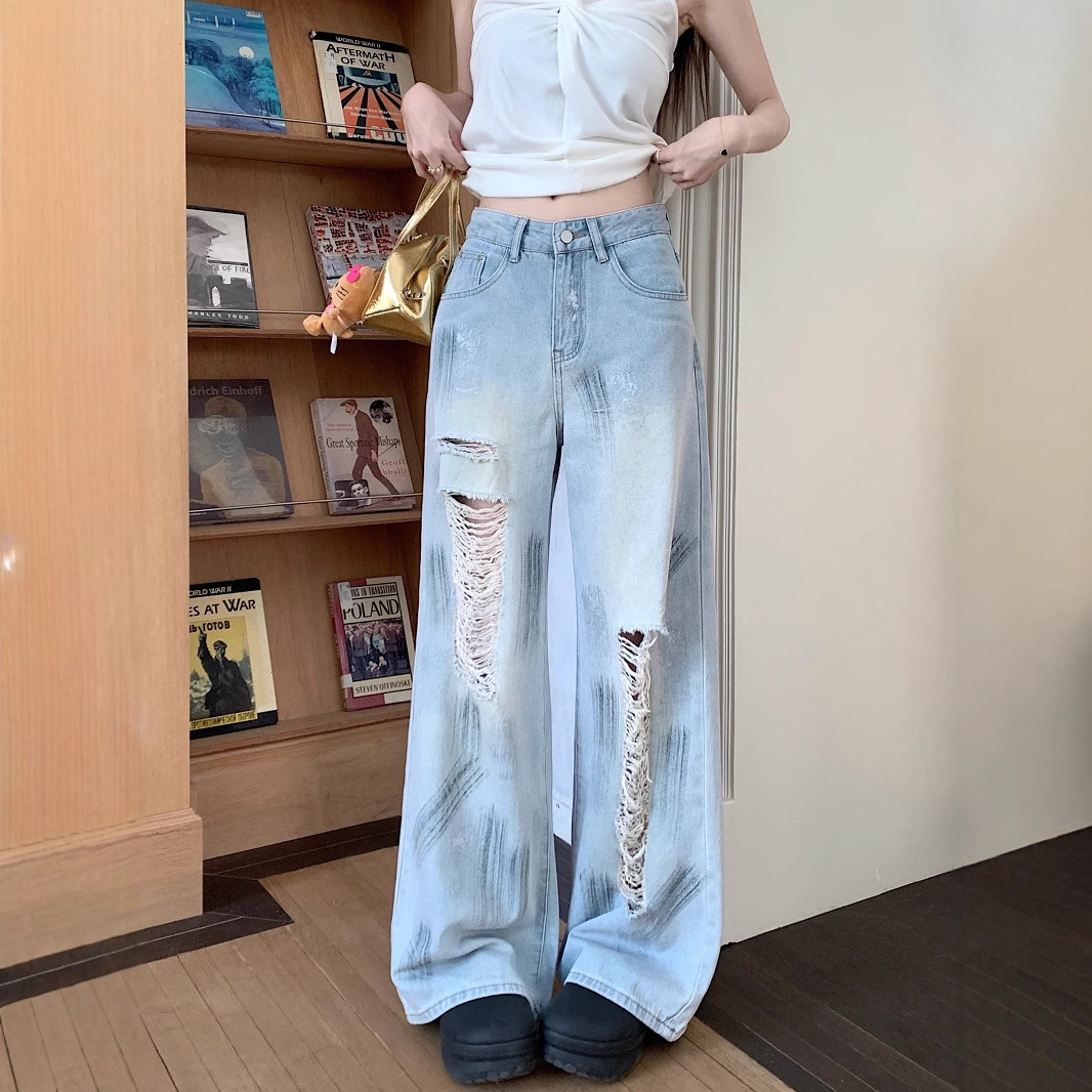 美式高街破洞牛仔裤女2025夏季新款高腰宽松显瘦百搭直筒阔腿长裤