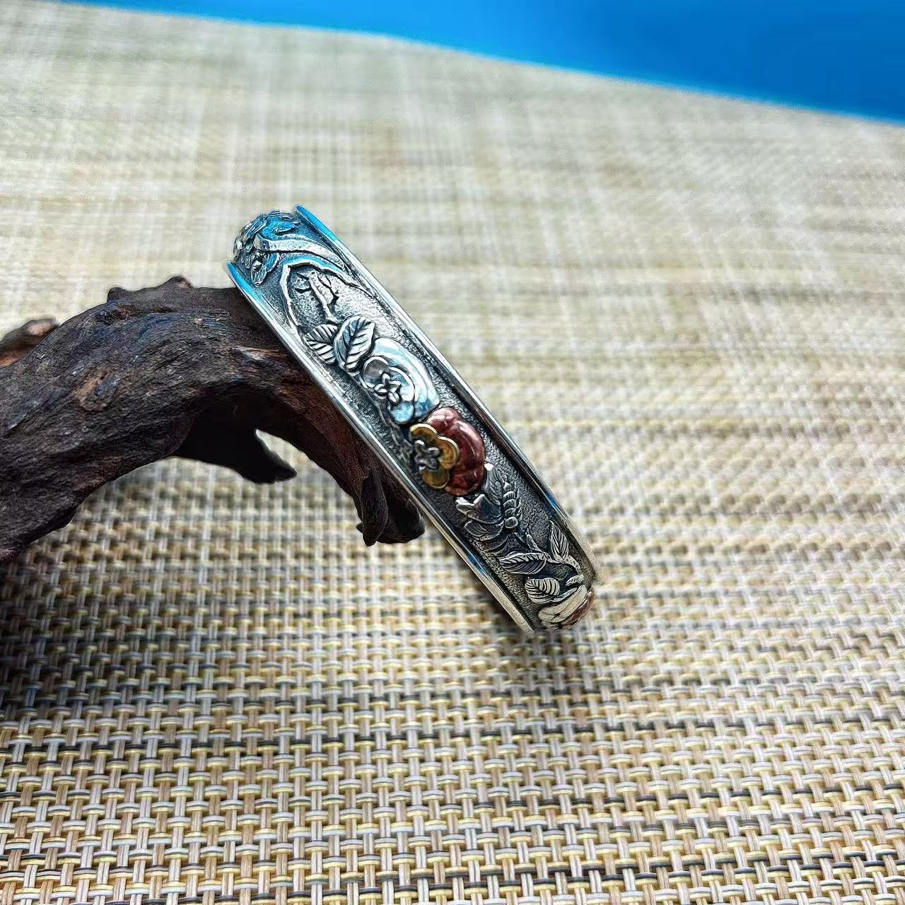 足银手镯 足银柿柿如意高浮雕手镯