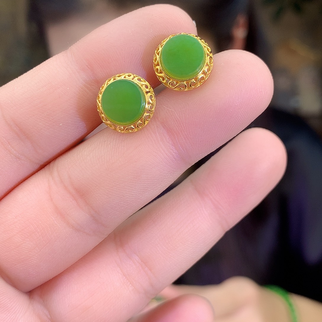 吊坠(不含链)银S925镶嵌和田玉（碧玉）耳饰