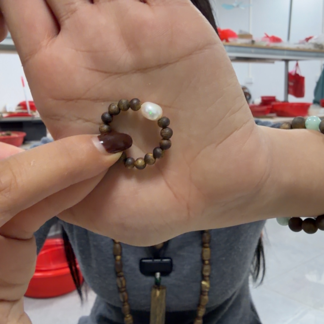 沉香沉香碎屑戒指圈圈一物一图珍珠