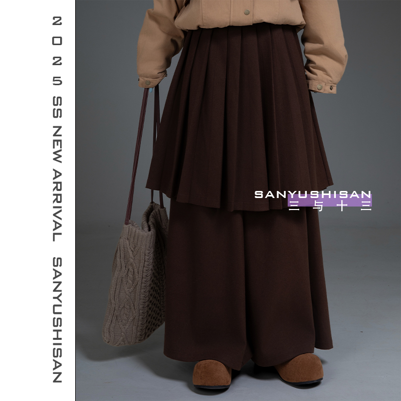三与十三|咖啡漫舞|韩系小众设计感宽松假两件百褶裙叠穿长裤