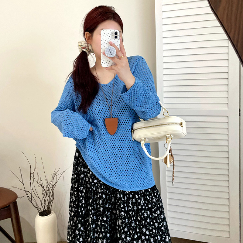 大码女装v领镂空上衣女长袖套头衫2025秋胖mm百搭宽松针织衫23155