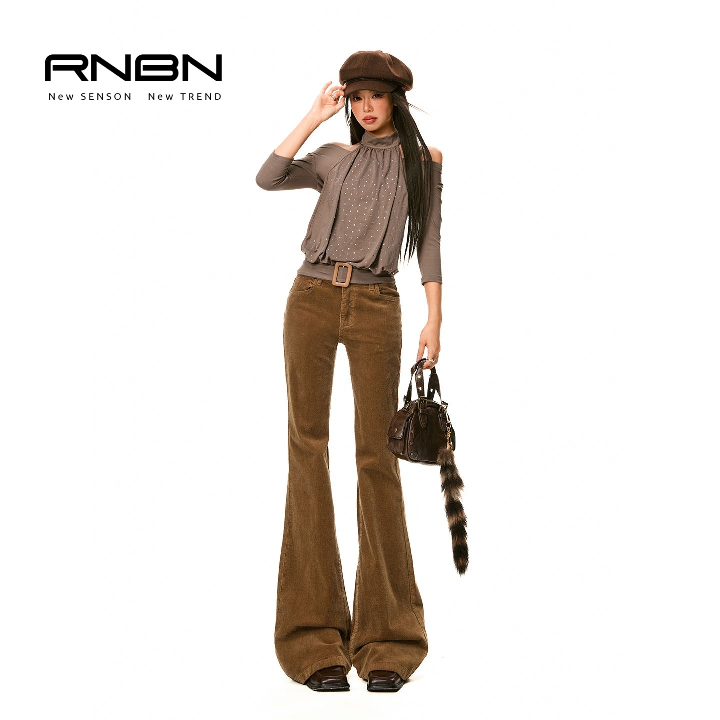 RNBN明星同款灯芯绒微喇裤女低腰显瘦喇叭休闲裤