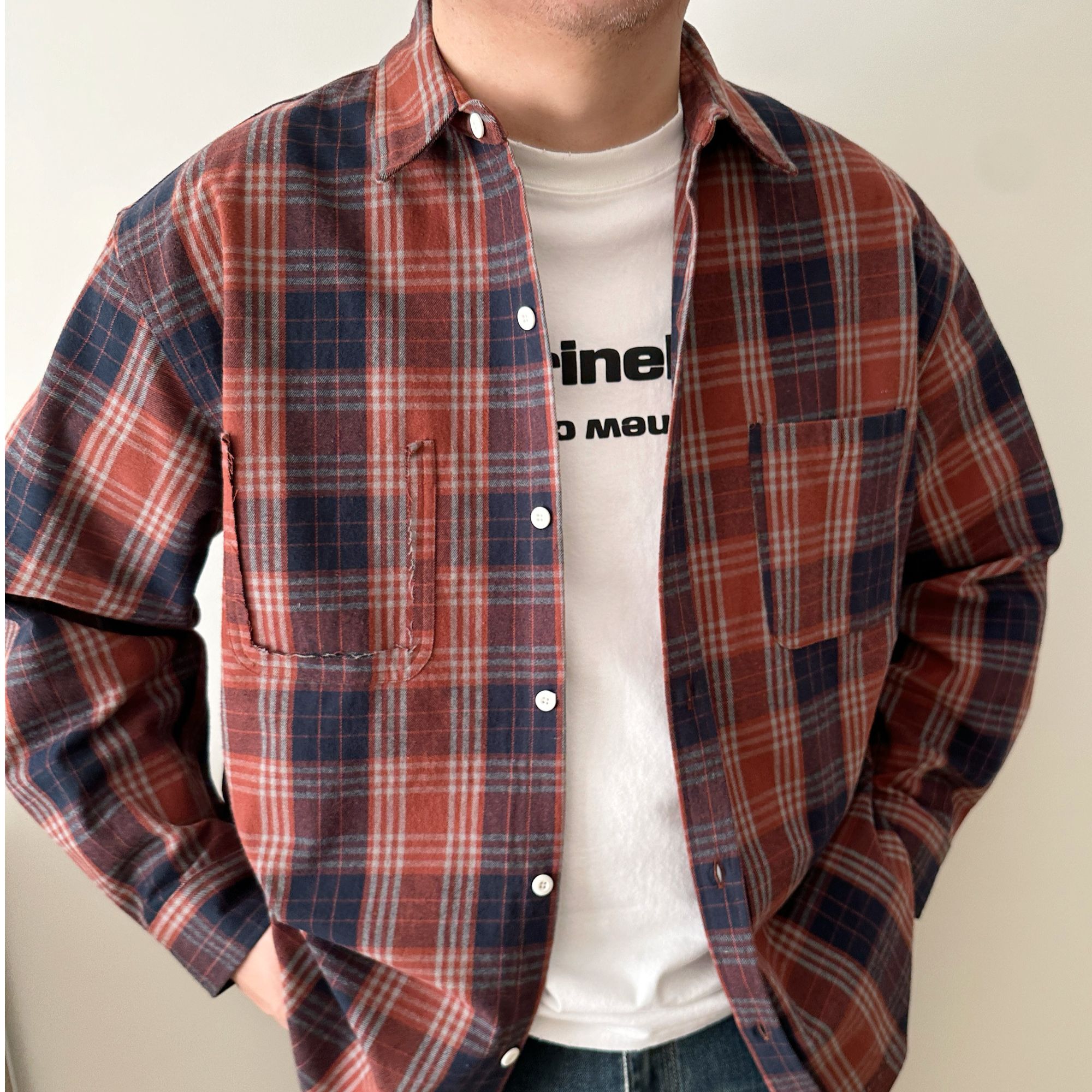 DAEVU大码男装春秋宽松红格子衬衫加肥加大男款长袖休闲衬衣外套