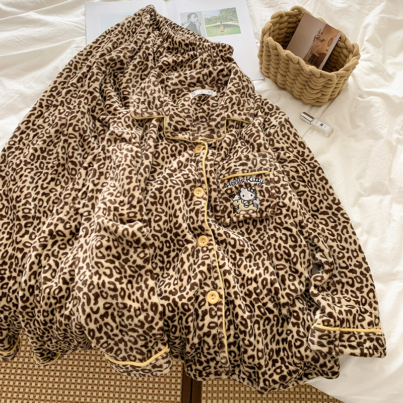 韩系轻奢豹纹珊瑚绒睡衣女秋冬季加厚保暖开衫长裤家居服两件套