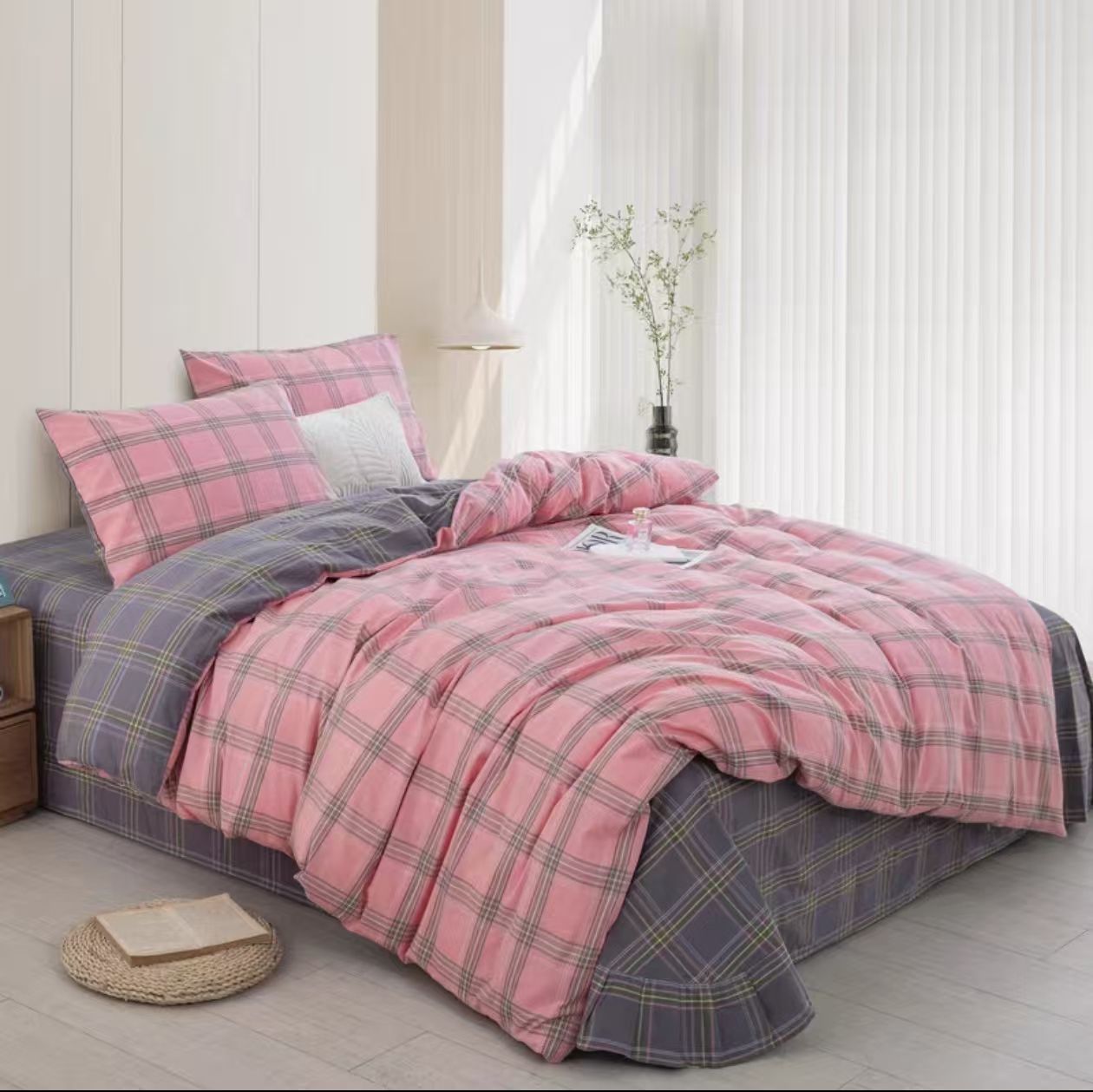 水洗棉学生纯棉床品洗后定制复古韩式格子简约四件套全棉亲肤被罩