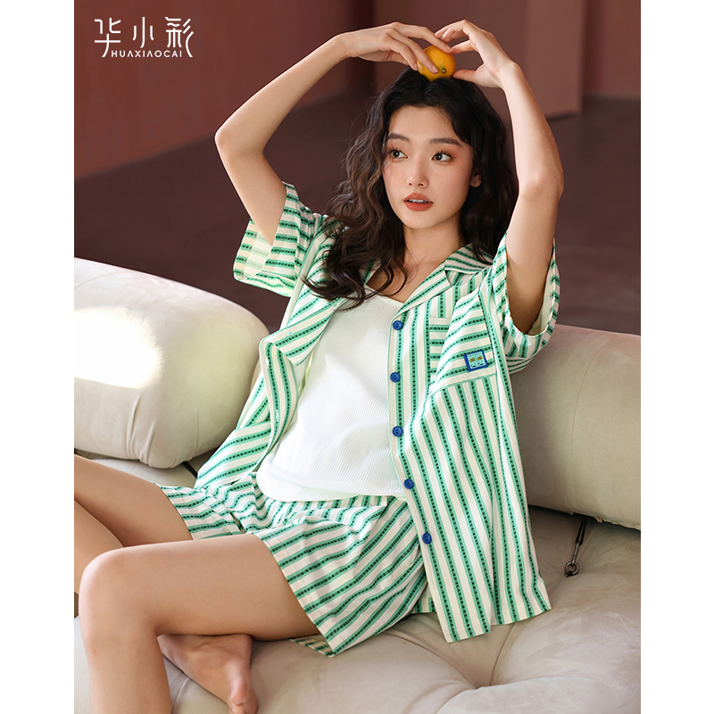 睡衣女夏季2025新款莫代尔棉短袖绿色条纹高级感开衫可外穿家居服