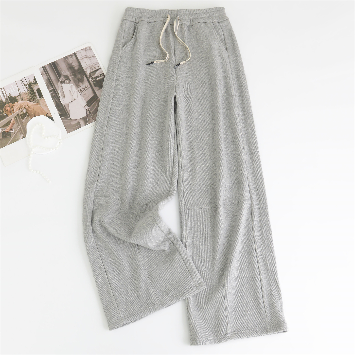 秋冬季新款加绒加厚复合宝宝绒休闲裤女士宽松直筒裤针织显瘦长裤