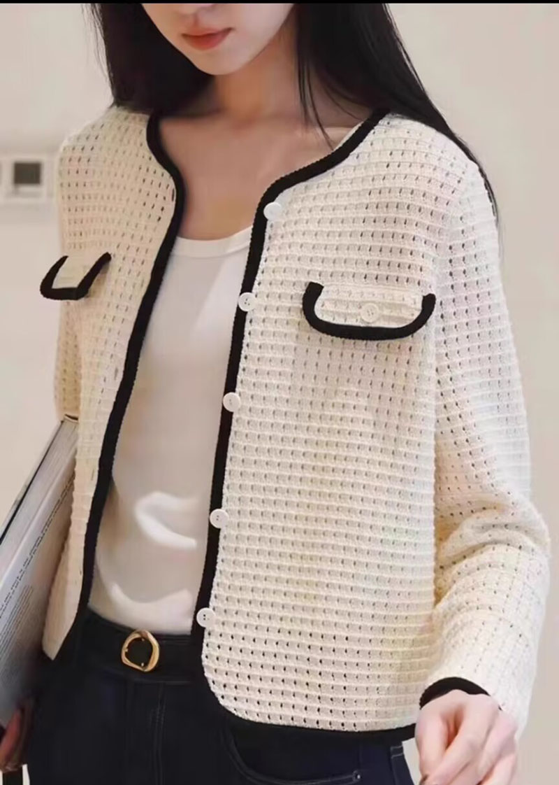 小禾同款2025春季新款100%粗支紧密纺棉小香风白色针织开衫上衣