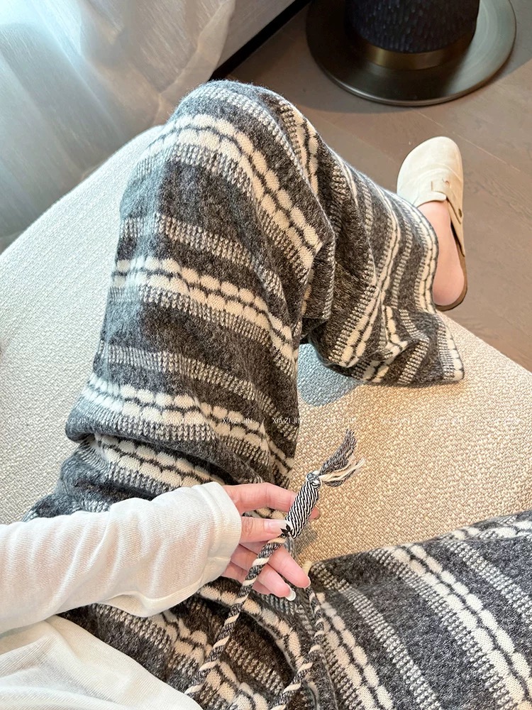  Dami条纹宽松阔腿裤女秋冬慵懒高腰拖地裤休闲直筒设计感