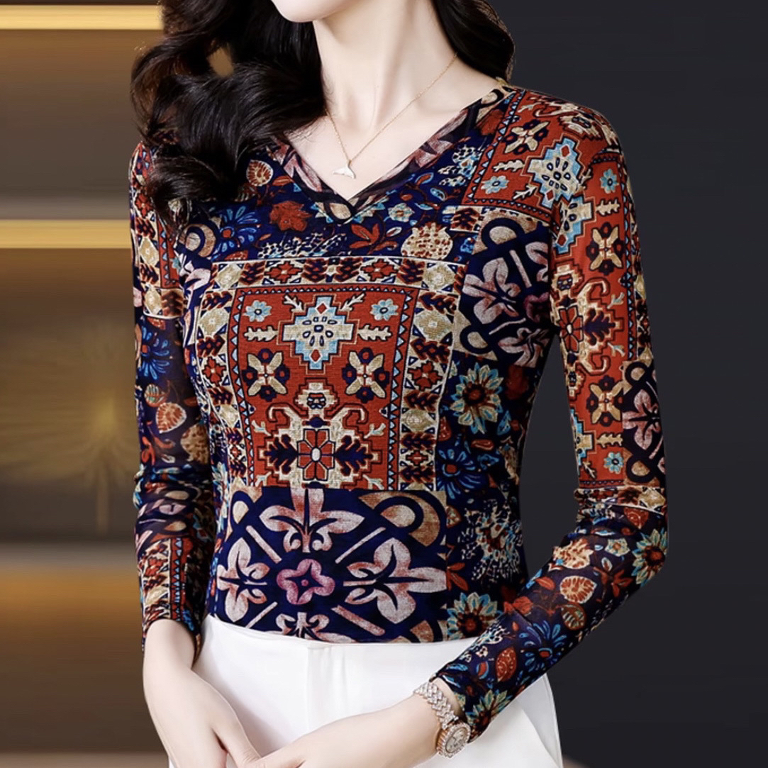 【长袖/短袖】新款女洋气v领显瘦印花上衣气质时尚A2159