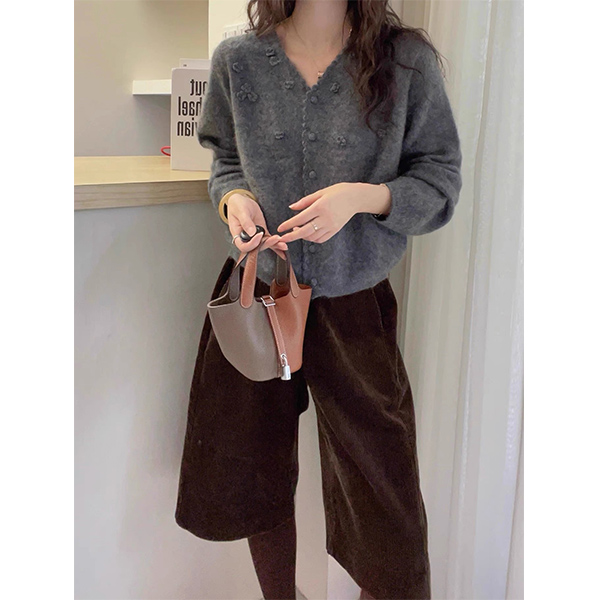 【花边门襟立体花朵灰色开衫】针织衫宽松显瘦休闲时尚百搭