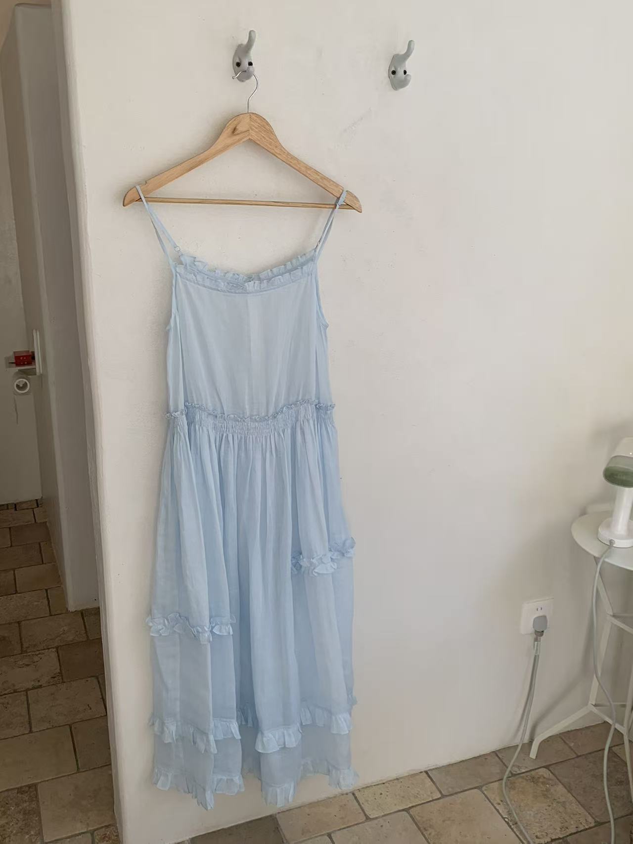 秋屿moment 自制 法式宽松休闲花边吊带连衣裙