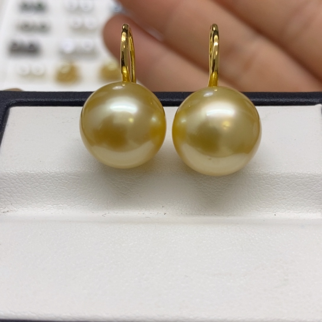 银S925镶嵌耳饰海水珍珠金珠耳饰12-13m m