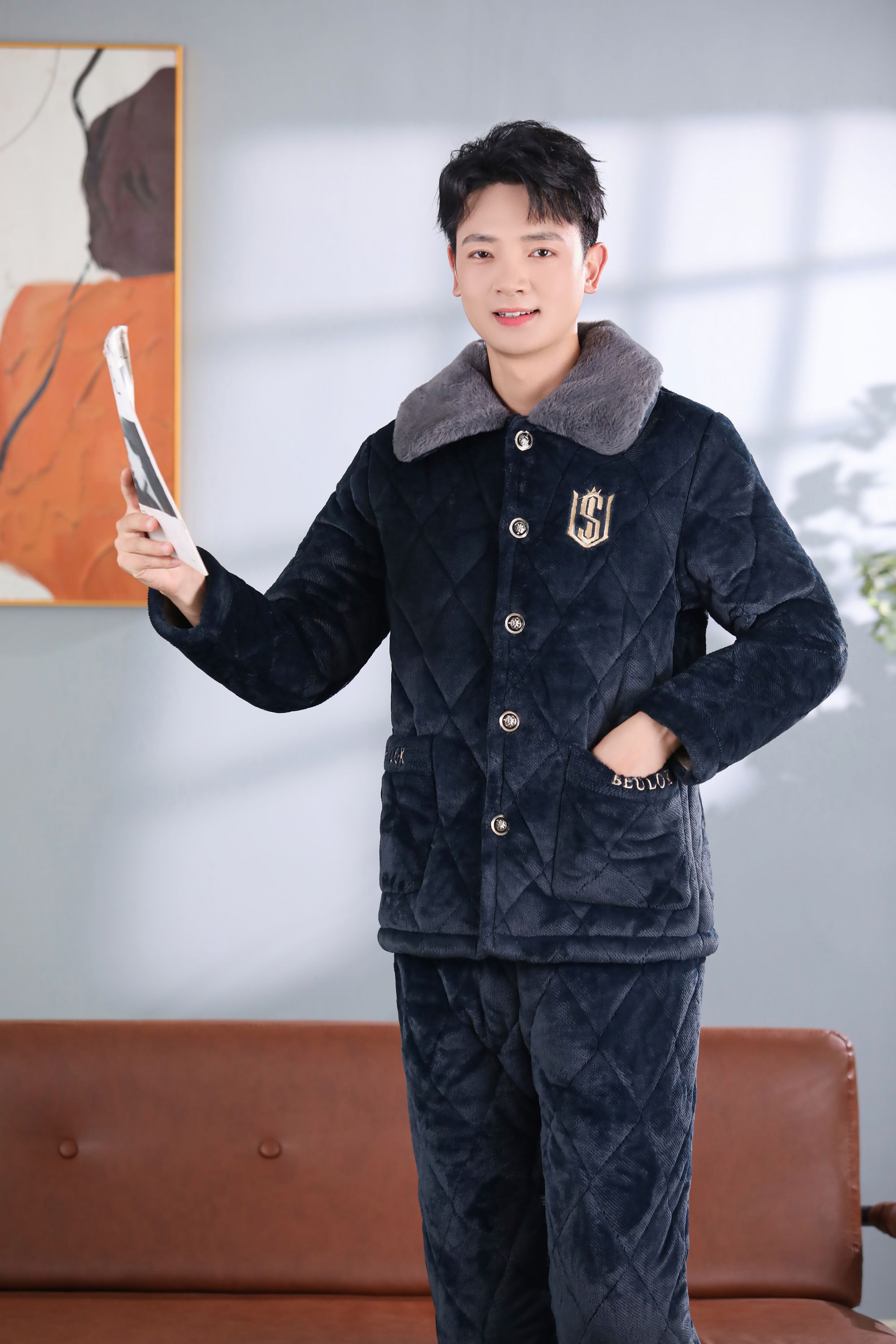 男士冬季三层加棉加厚加绒保暖中老年家居服套装睡衣