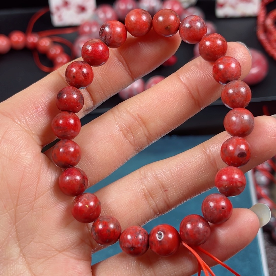 天然辰砂原石手串卡8+