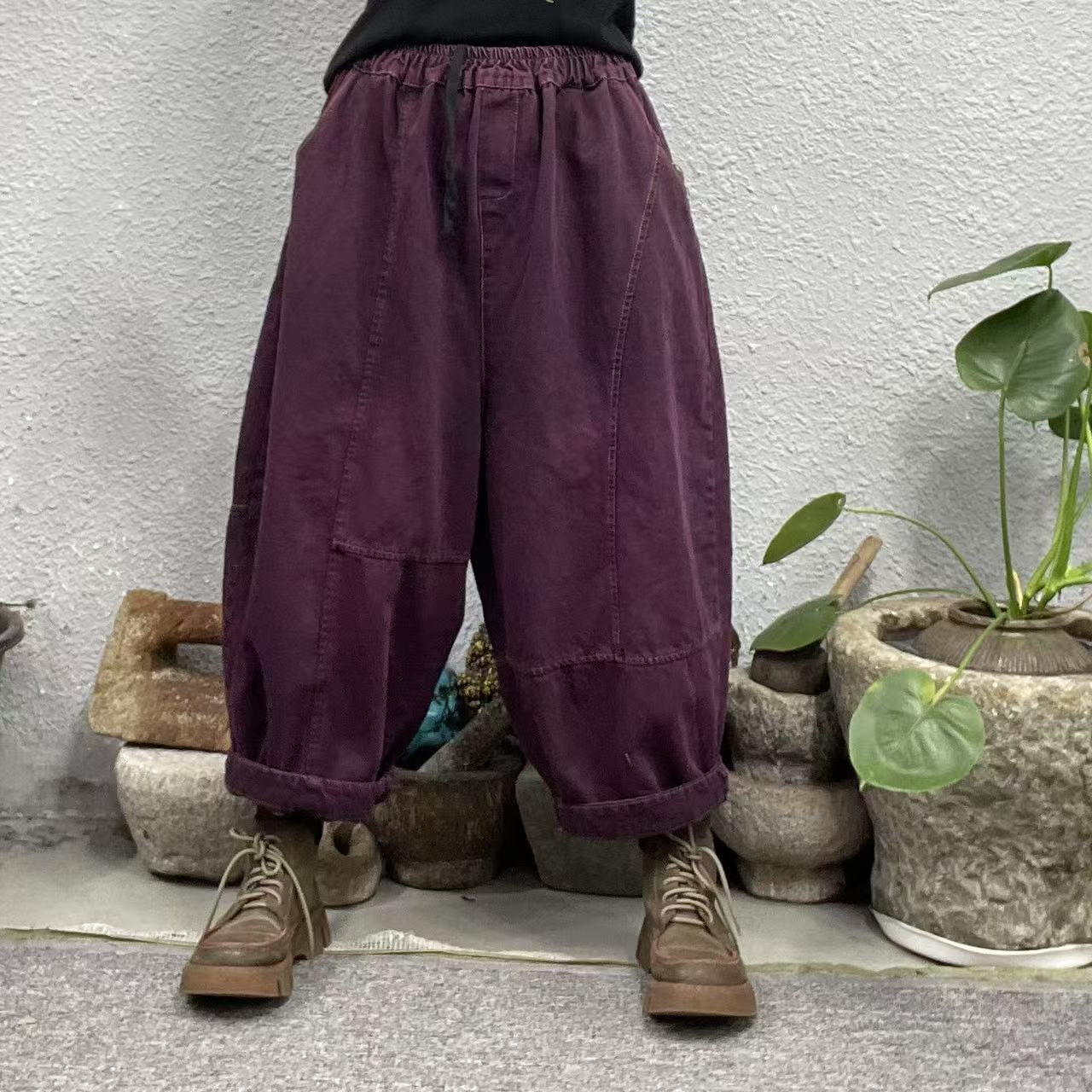 8900紫红左腿弧线右直线内抽绳炒色牛仔裤（长84臀围118脚口48