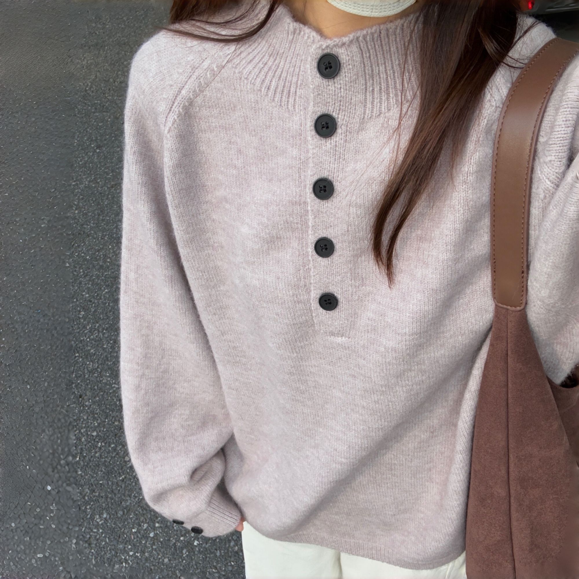 芋泥灰~温柔浅调 韩系秋冬季半高领纽扣毛衣女慵懒加厚内搭打底衫