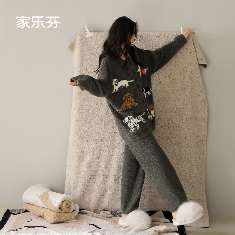 家乐芬睡衣女士秋冬季半边绒软绵绵家居服加厚加绒卡通小狗珊瑚绒