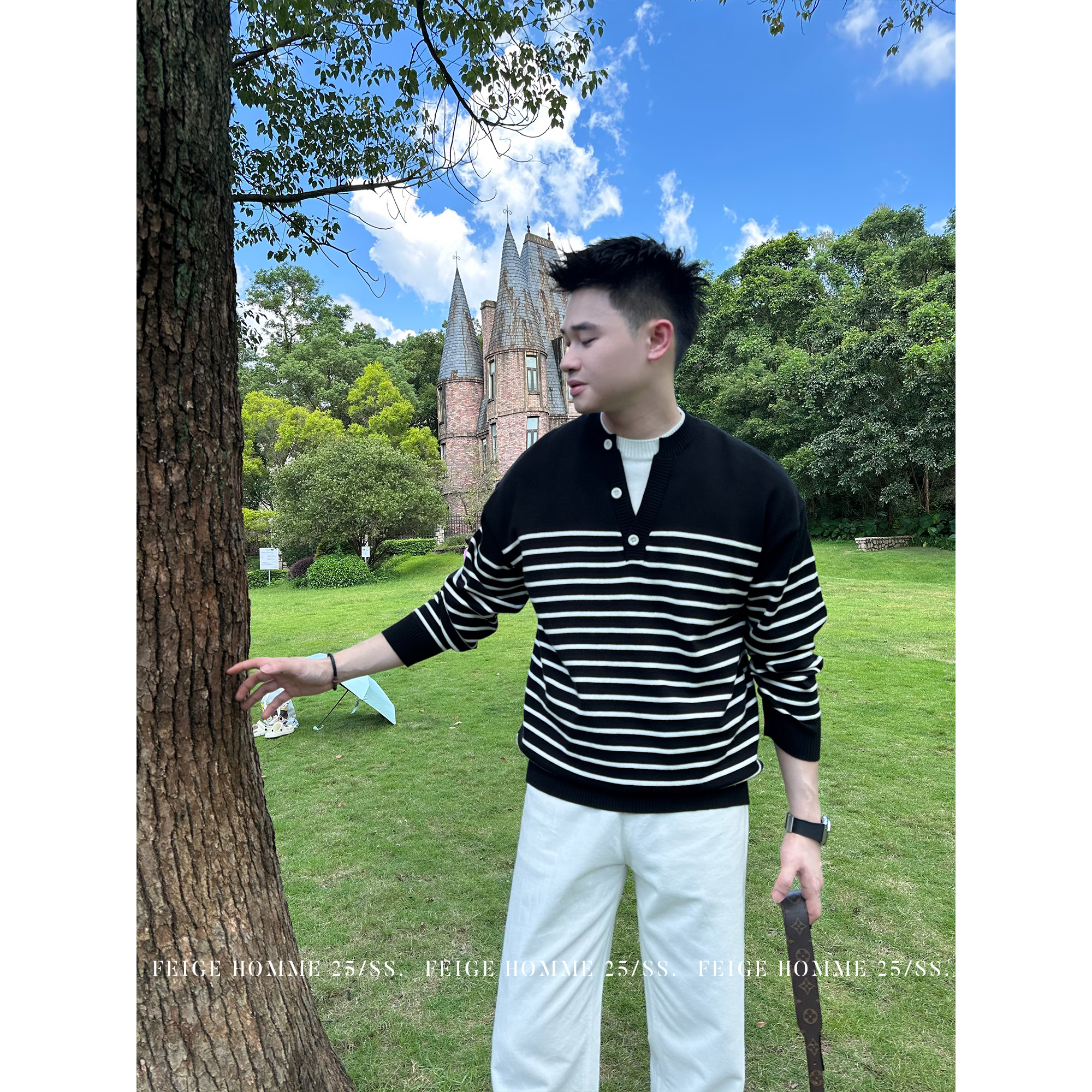 APENG秋 假两件亨利领条纹针织莫代尔针织衫开衫休闲毛衣#1122