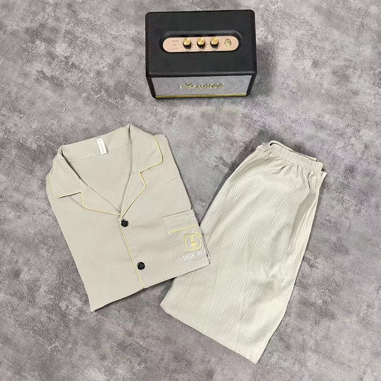 全棉小熊刺绣纯棉男士睡衣春秋季青少年长袖两件套宽松家居服翻领