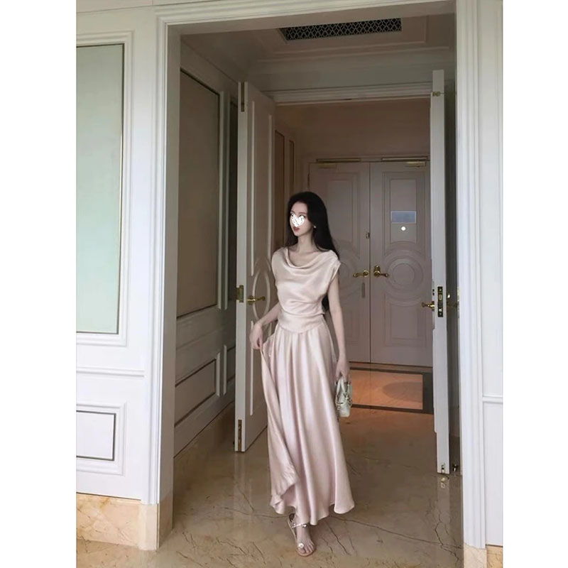 2025夏季搭配两件套气质名媛高级感女装缎面上衣半身裙套装