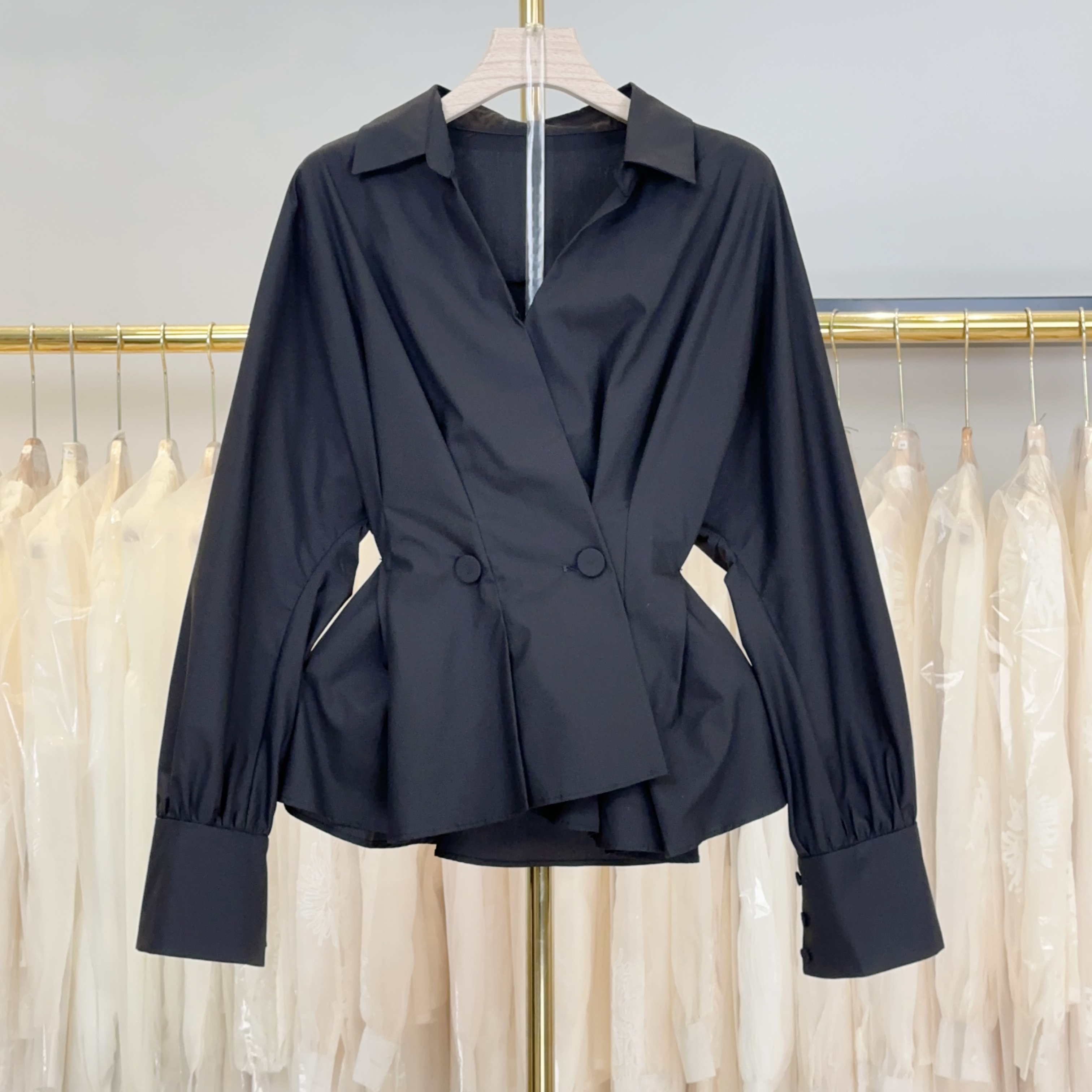 【RG5212】2025年春装新款气质长袖短款时尚休闲百搭女士黑色上衣