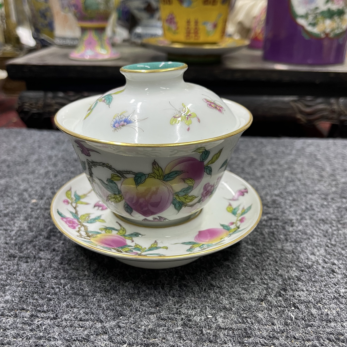 粉彩手绘桃子三财盖碗茶碗茶具
