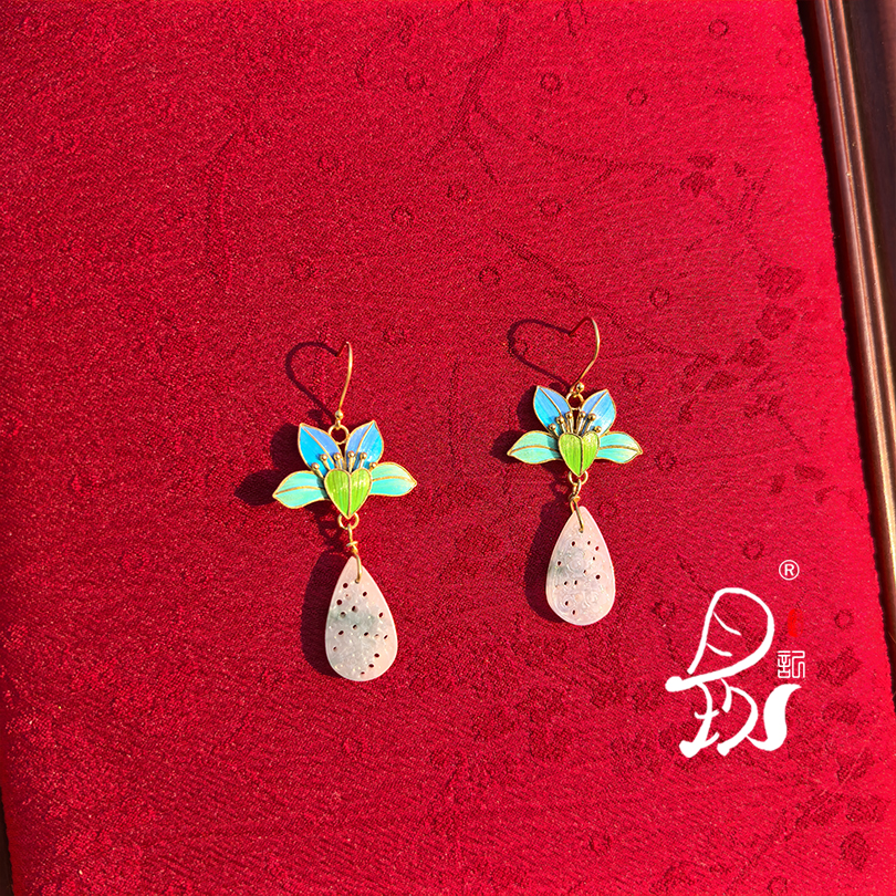 月玖记手工定制鹦鹉毛渐变仿点翠百合耳坠古风新中式点翠工艺