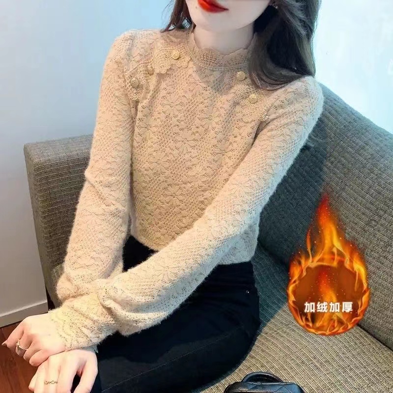 蕾丝长袖纱网修身型半高领蕾丝衫气质甜美女士加厚立领蕾丝打底衫