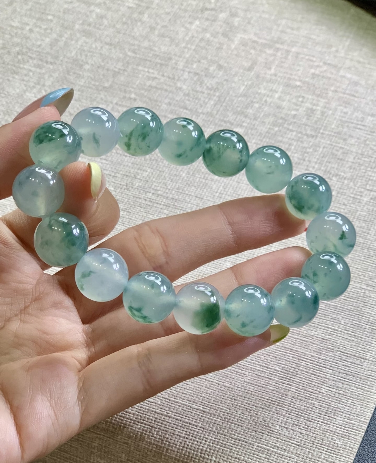 纯天然A货缅甸翡翠手串珠串 高冰飘花满绿小米珠多宝手串