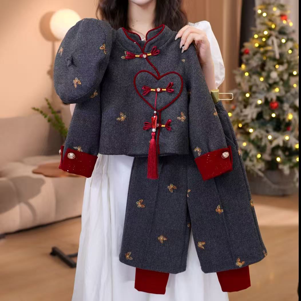 女童加绒蝴蝶毛呢外套阔腿裤套装冬装2025新款小香风加厚甜美