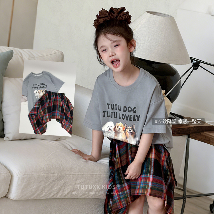 【180g索罗娜•潮牌甜酷套装】女童夏季不规则格子裙T恤两件套时髦