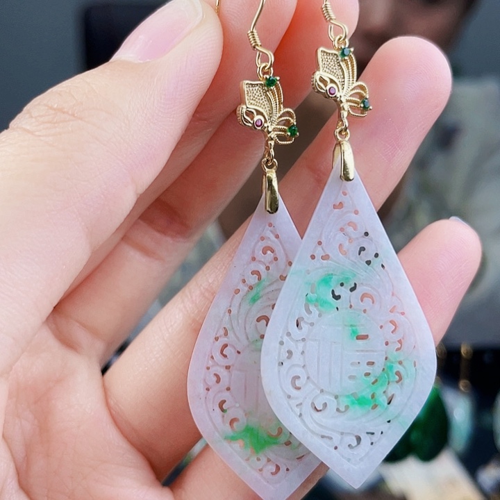 翡翠耳饰银S925镶嵌饰品