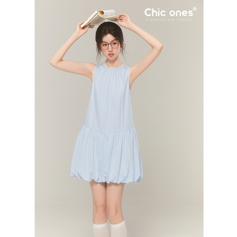 Chic ones双面穿花苞蓬蓬裙  夏季新品甜美蓝色低腰无袖连衣裙女