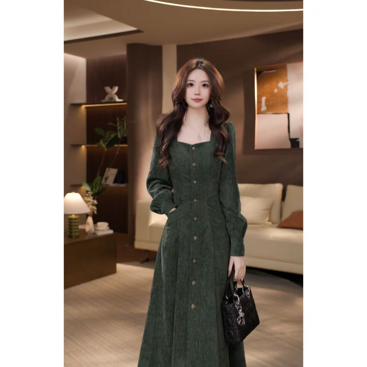 晓西【木棉芙】秋冬新款雪尼尔绒显瘦高腰线连衣裙-59645Q