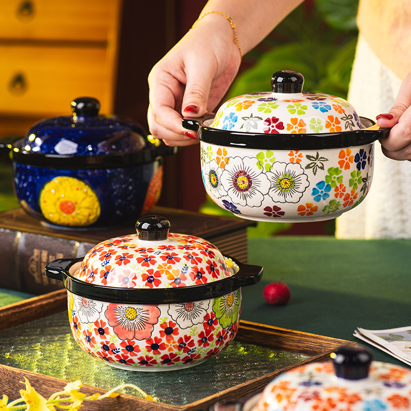 手绘炖盅陶瓷瓦罐汤炖盅家用隔水炖带盖大号汤盅新款复古蒸盅炖罐