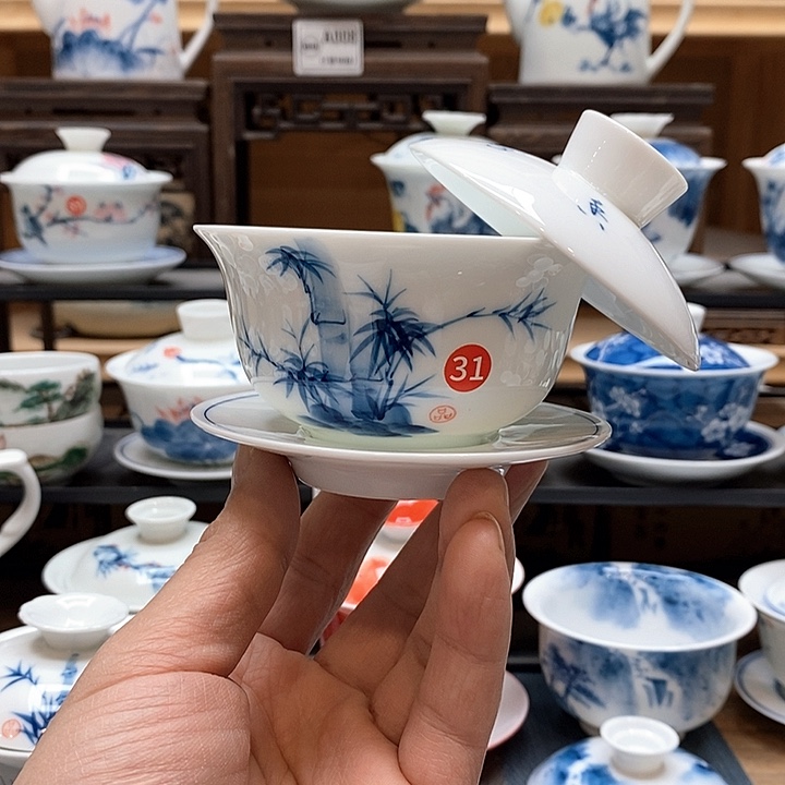 手绘微瑕竹子盖碗