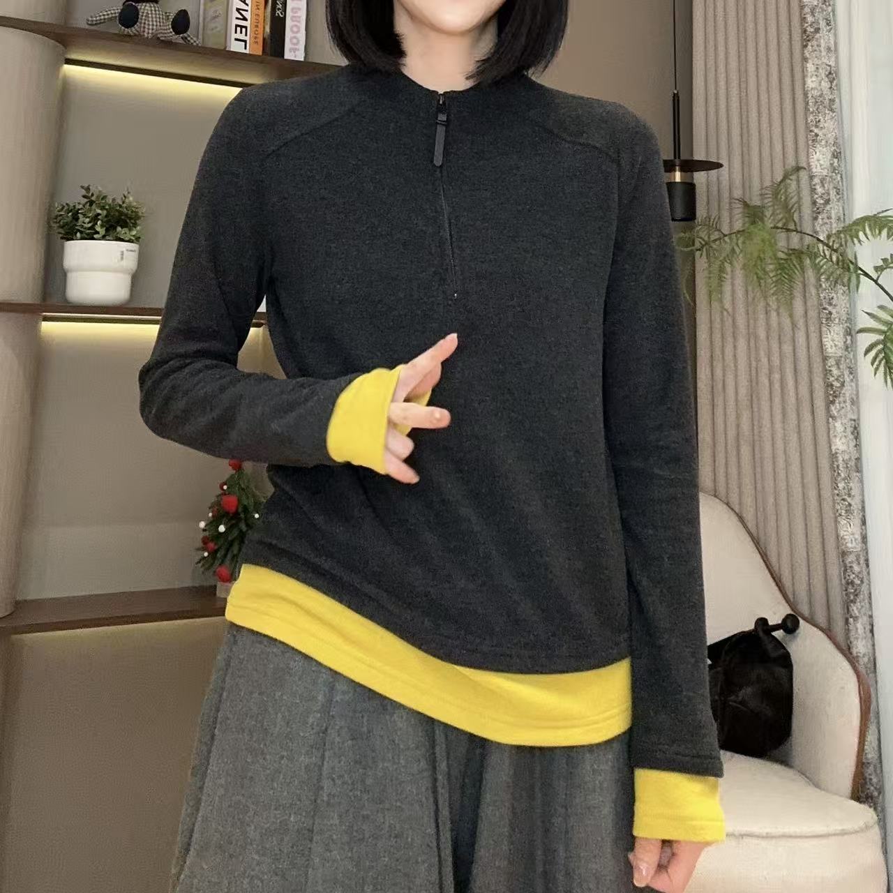 秋冬绒感极简假两件拼接半拉链长袖T恤5-10-26