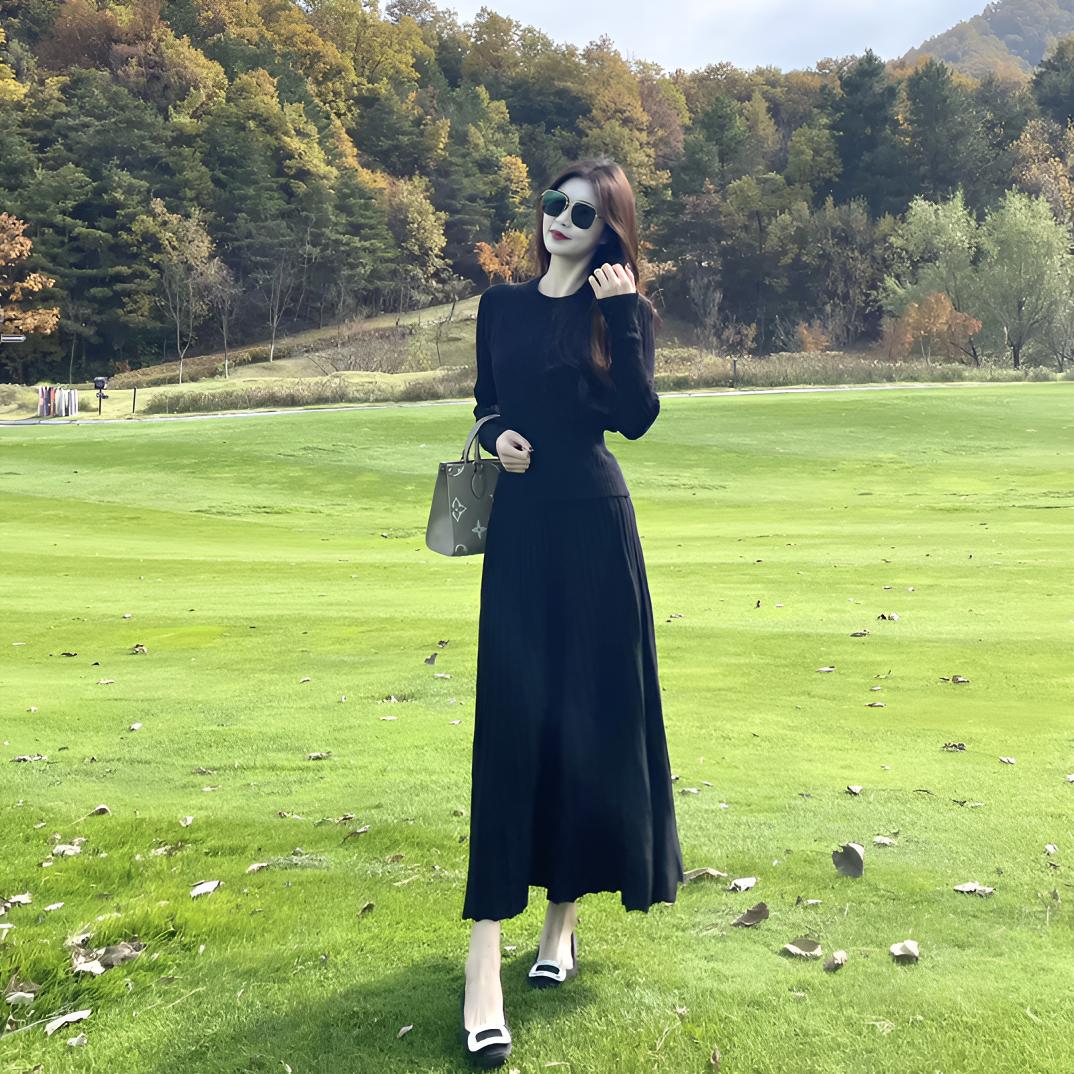 黑色显瘦秋冬厚款针织毛衣长款半身裙两件套装中长款时尚打底