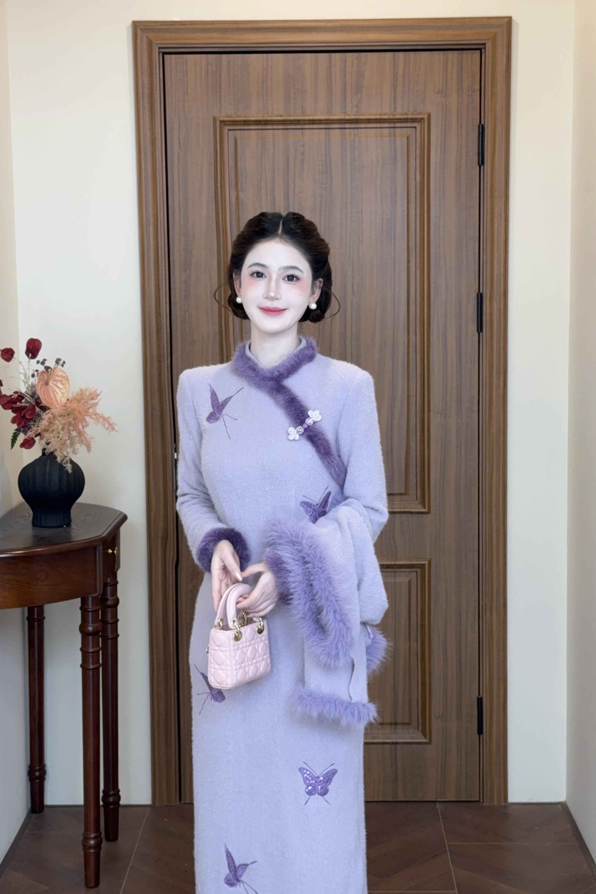 LiLi李李家【紫丁香】新中式国风刺绣旗袍带披肩连衣裙XMZH11012