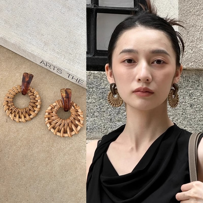 铜合金耳饰 复古编织耳环女夏天高级感度假风夸张独特耳饰耳钉潮 