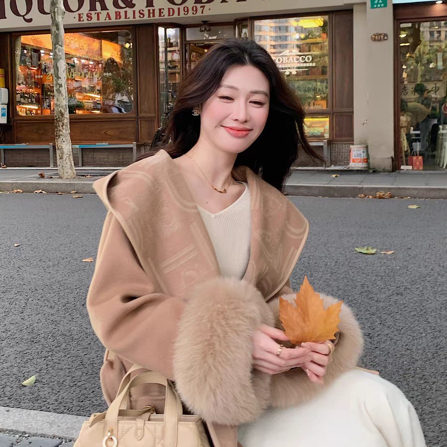 常规连帽秋冬宽松宽松型毛呢外套拼接双面轻奢网红大衣中长款冬季