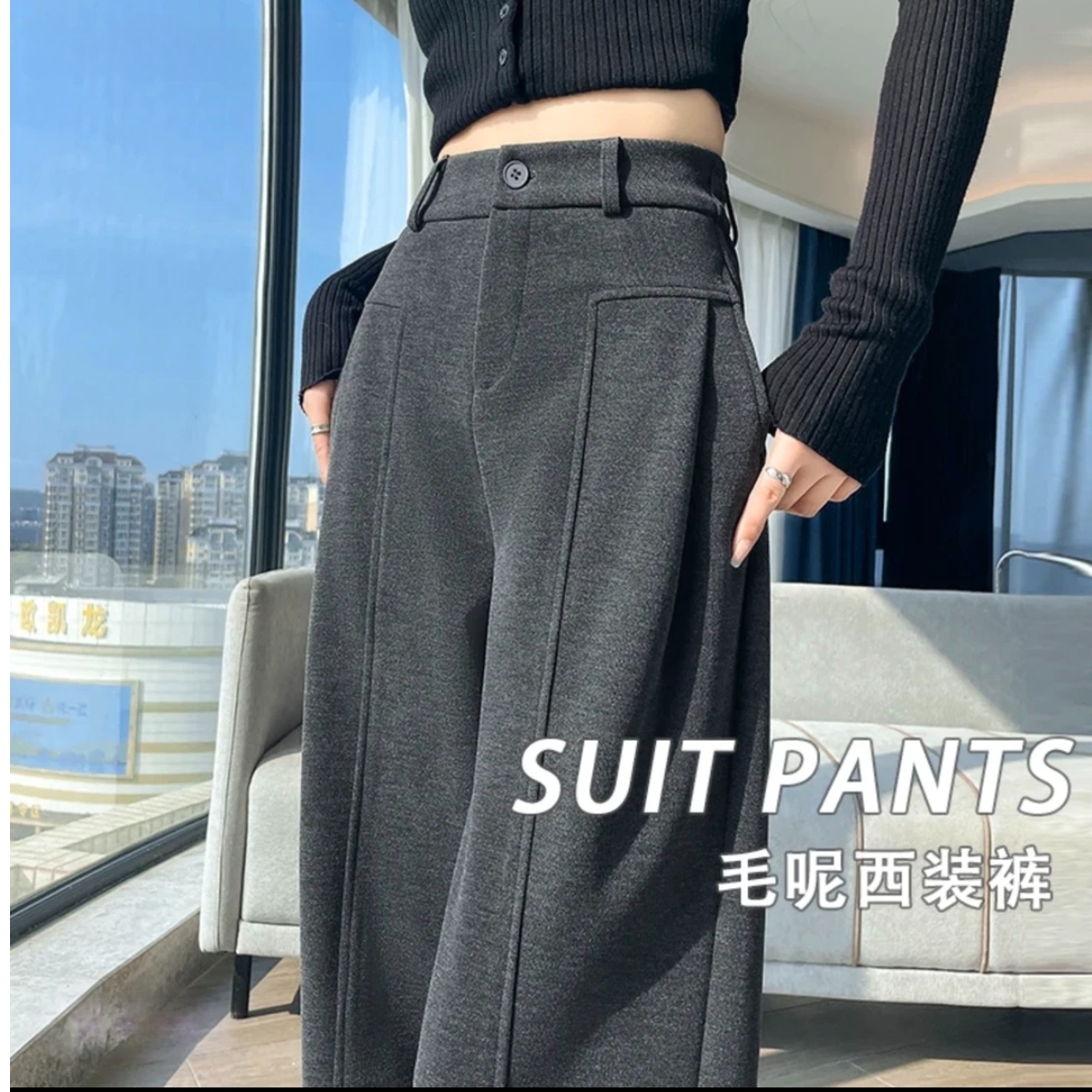 【羊绒蚕丝+运费险】2025秋冬阔腿女裤休闲加厚绒直筒裤窄版毛呢裤