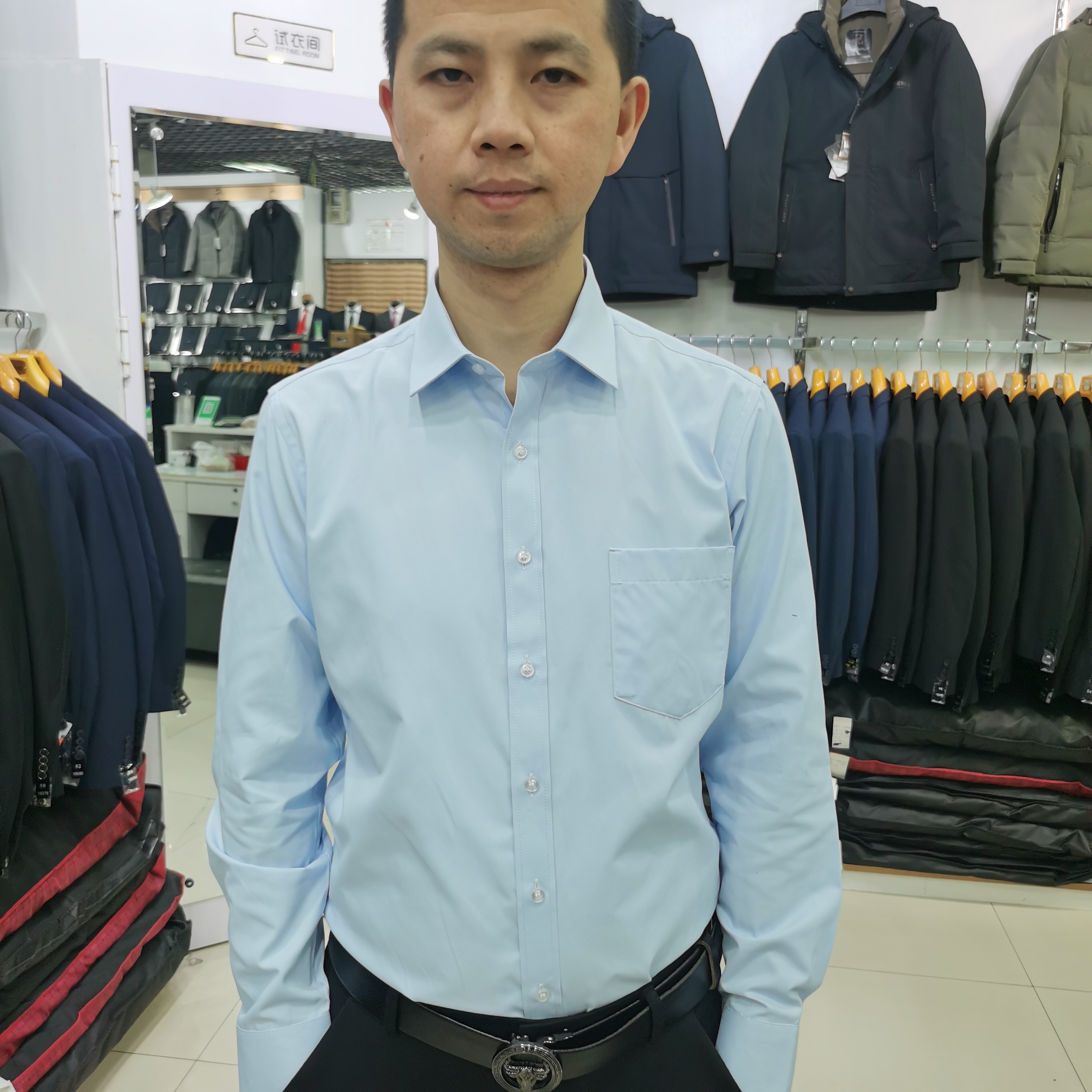 男士蓝色暗纹高棉长袖工装衬衣