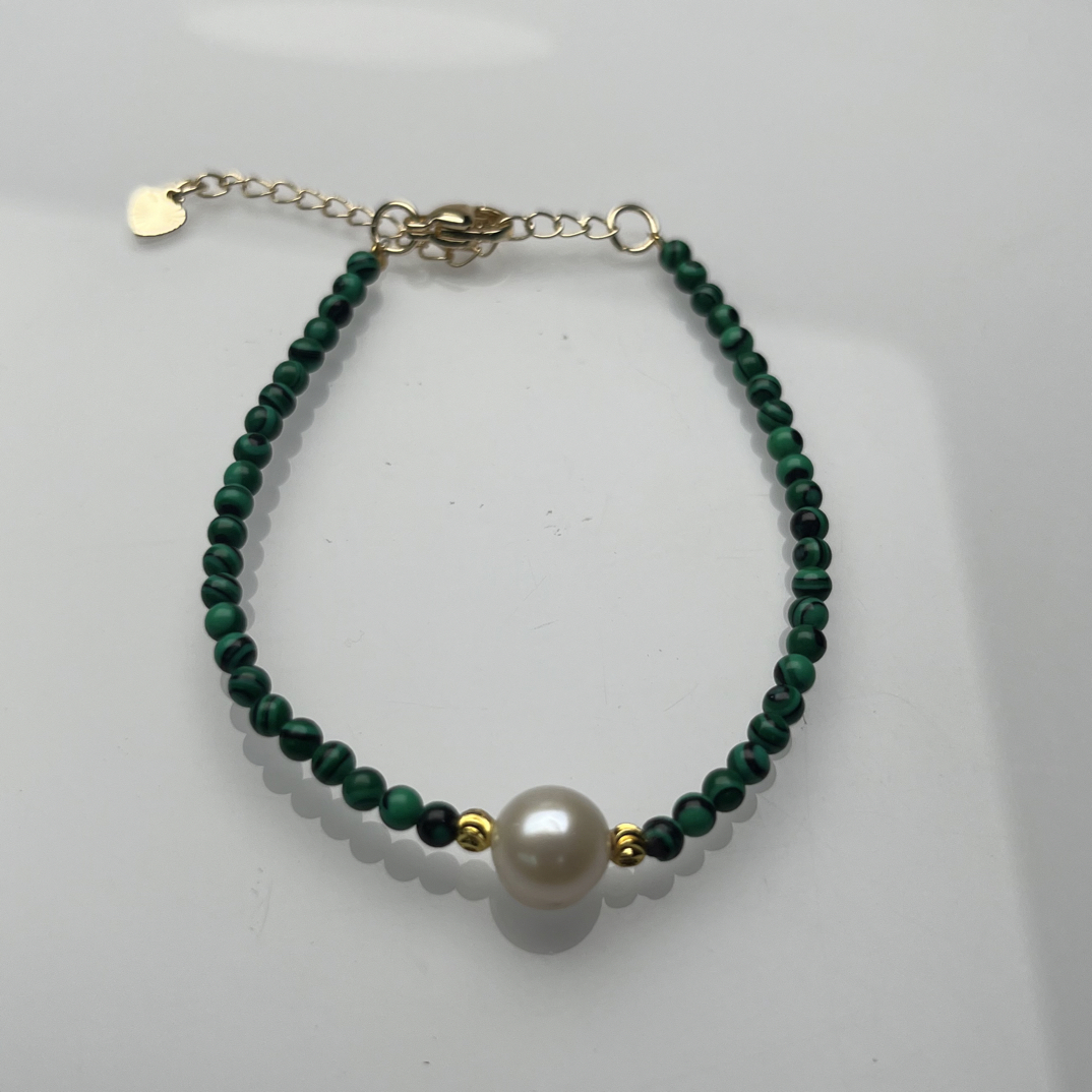 孔雀石3mm圆珠搭配珍珠单圈手链