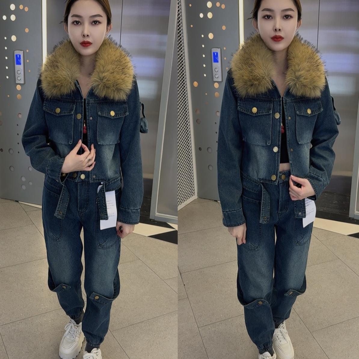 秋冬新款时尚毛领可拆卸加绒牛仔外套搭配束腿牛仔裤套