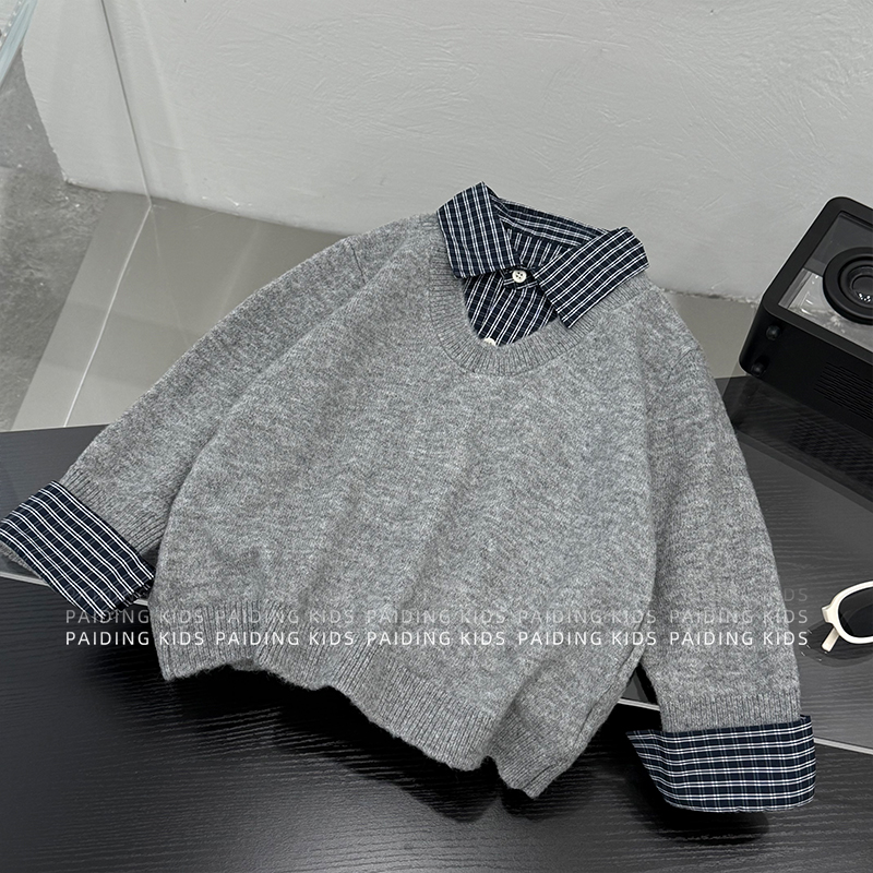 【小首尔】秋装儿童韩版格纹假两件休闲宽松套头圆领毛衣SJ6094