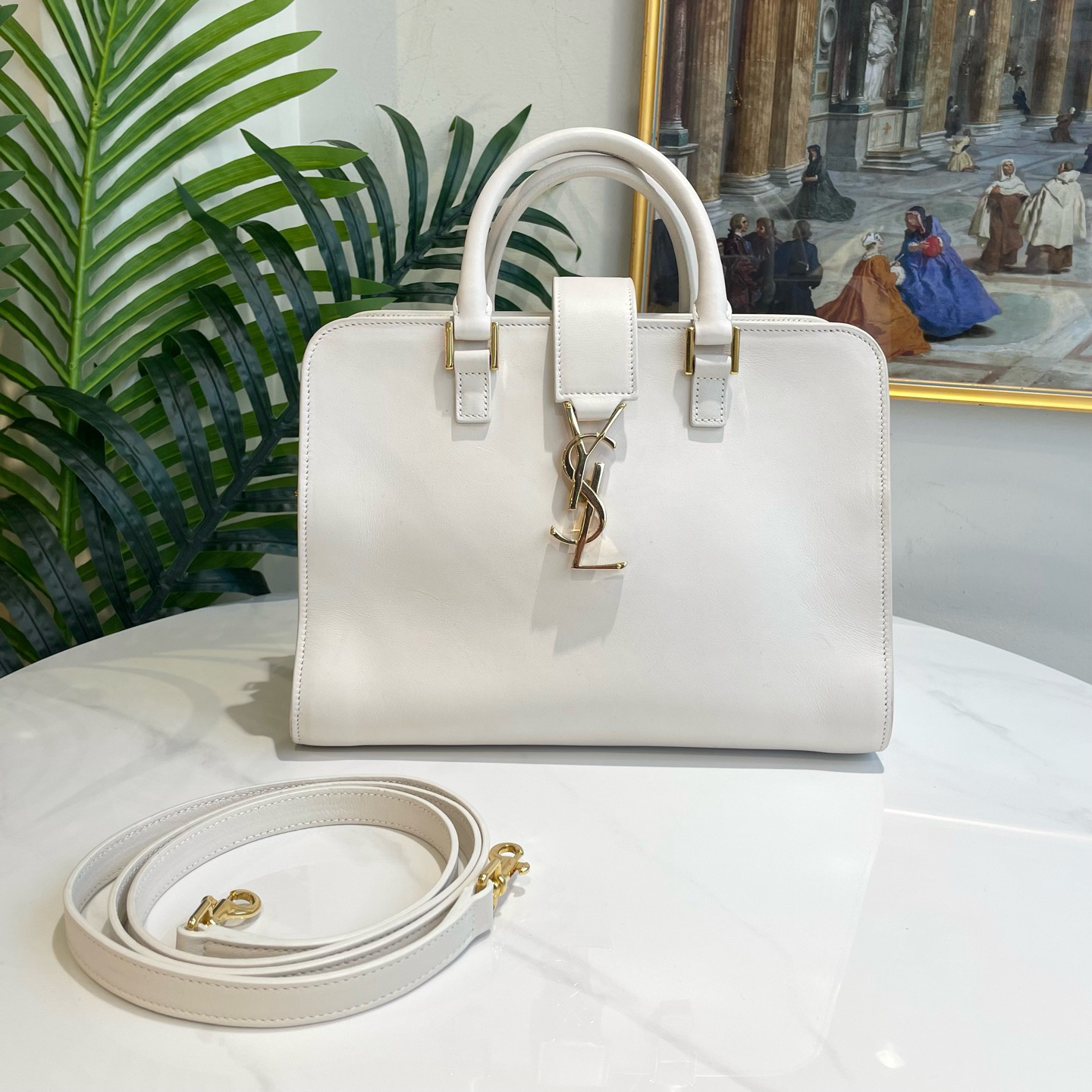 95新 YSL/圣罗兰 多宝二奢/07691/白色小托特斜挎包 